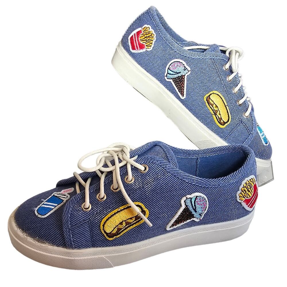 Fab Kickz Girls Youth Kids Size 2 Embroidered Shoes Snack Patches Blue Laced NIB